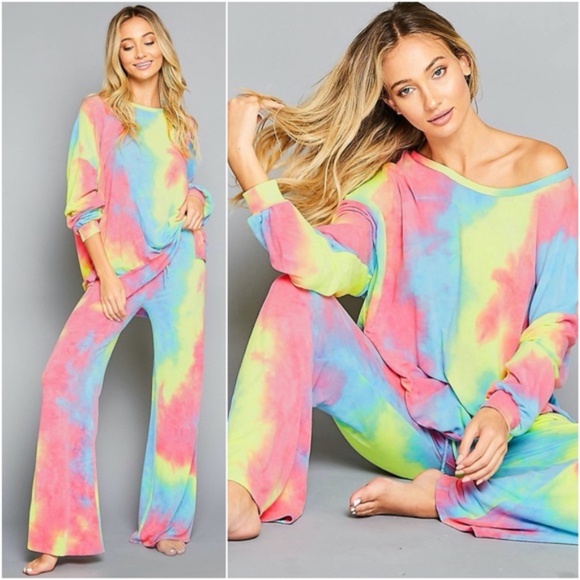 Boho Tie dye Neon pink lounge pants wide leg - Picture 6 of 7